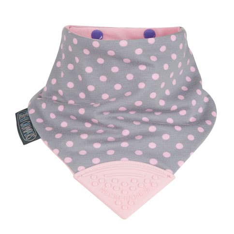 Bavoir-bandana avec embout de dentition couleur pois rose et gris. Vendu par Rêves de Fil.